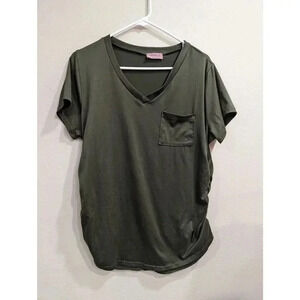Maternity Army green v-neck soft cotton T-shirt w/front left pocket,  Ragdoll, L